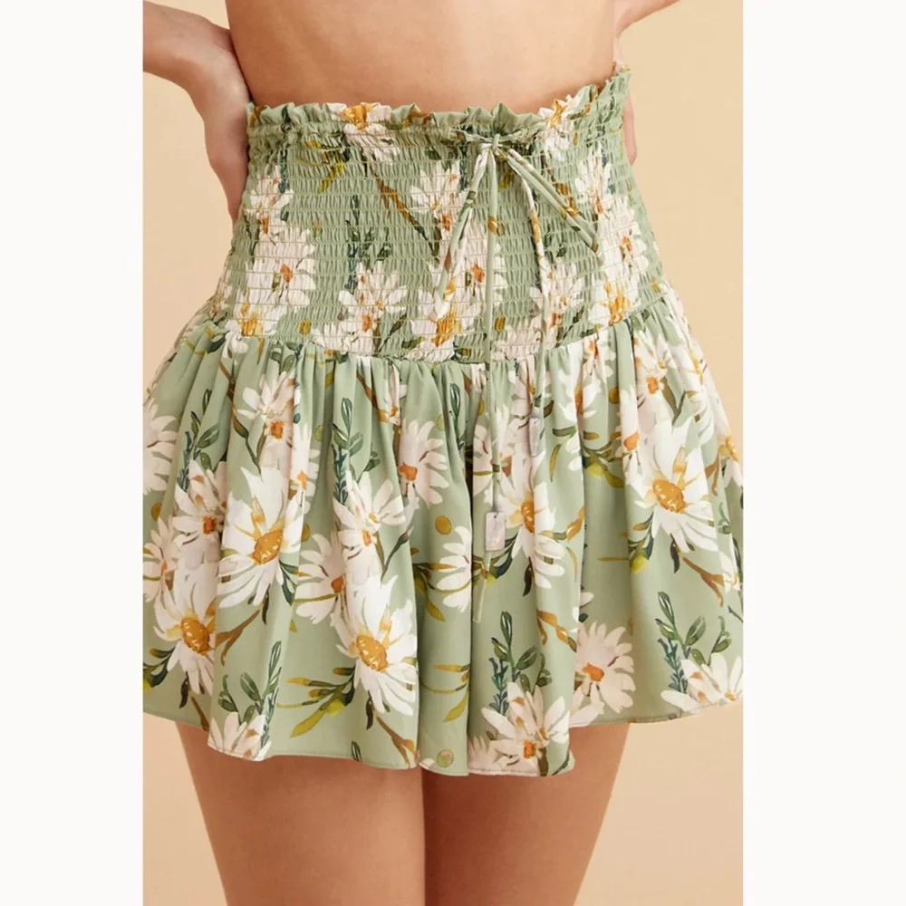 Retro Pale Green Floral Shirred High Waist Drawstring Beach Skirt - Picture 2 of 16